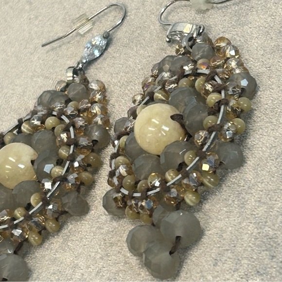 TAUPE tan brown cream beaded crystal rhinestone circular bohemian style earrings - Picture 4 of 8